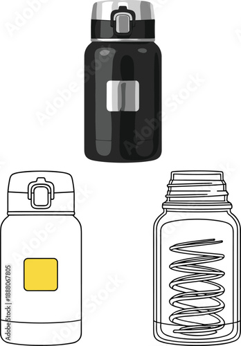 Reusable water bottle illustration set, insulated drink container design, modern hydration flask icons, flat and line vector style graphic collection