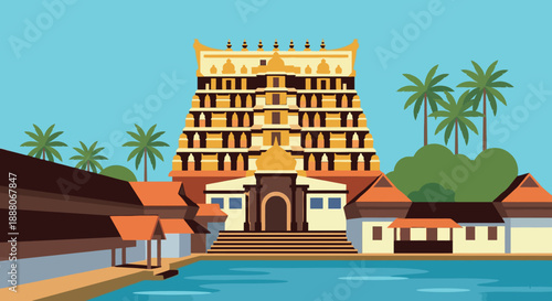 Sree Padmanabhaswamy temple Thiruvananthapuram Kerala India famous hindu pilgrimage shrine lord vishnu golden tower architecture historic landmark travel place.