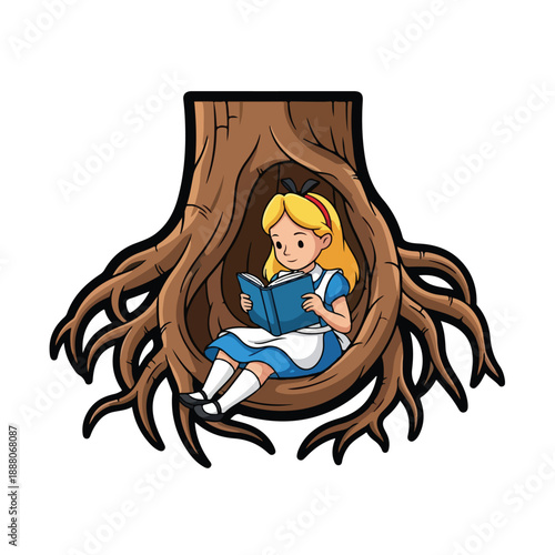 A young girl sitting inside a hollow tree trunk reading a book with a serene expression on her face in a whimsical environment