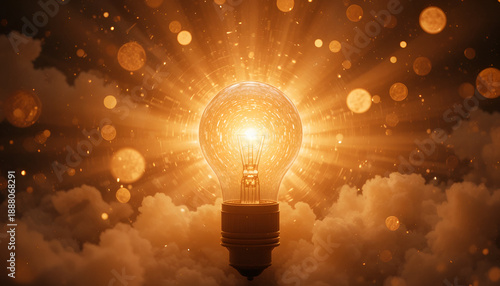 A glowing lightbulb shines brightly in a dreamy cloudy atmosphere with radiant beams of light