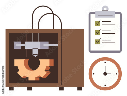 3D printing, manufacturing, workflow, time management, production planning, prototyping. Brown 3D printer beside checklist and clock. 3D printing and manufacturing concept