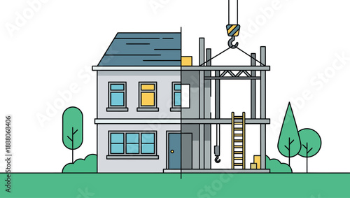 House construction process from structural frame to completed home residential building architecture real estate development project engineering renovation concept.