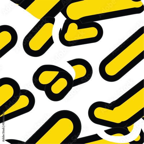Abstract yellow shapes with black outlines and white voids in a dynamic pattern viewed from directly above, featuring various sizes and orientations.