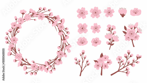 Cherry Blossom Elements: Wreath, Flowers, Branches, Buds - Pink Floral Design