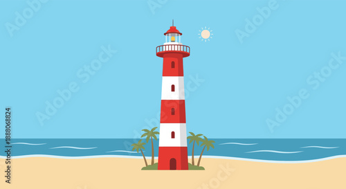 Red and white lighthouse tower on sandy beach with palm trees and blue ocean waves summer landscape travel destination nautical navigation safety beacon seaside coast.