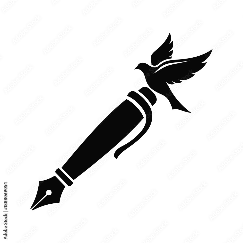 Obraz premium Fountain pen releasing flying blackbird vector illustration, freedom and creativity flat design, minimalist office art, scalable graphic