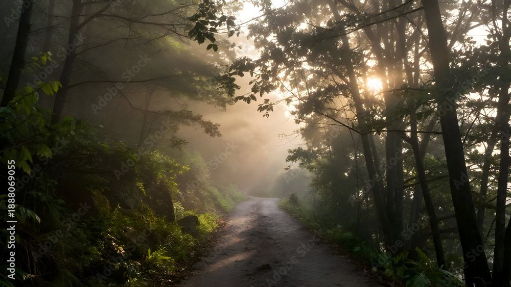 Fototapeta premium Golden sunbeam through morning mist across forest road between tree silhouette creating serene peaceful landscape atmosphere within nature wood path under soft hazy light ray glow