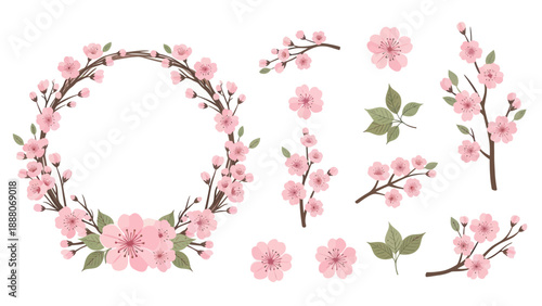 Cherry Blossom Wreath and Branches, Spring Floral Elements, Pink Flowers
