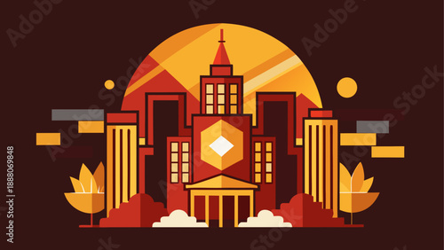 Modern mosque silhouette at dusk with crescent moons and warm lighting vector illustration