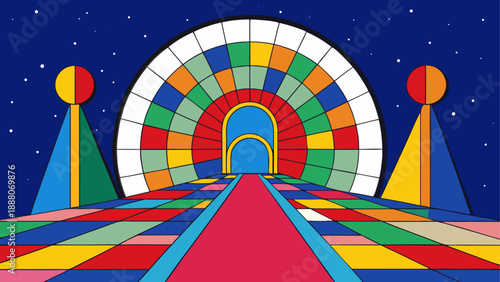 Vibrant colorful rainbow mosaic tunnel portal with geometric shapes and space background