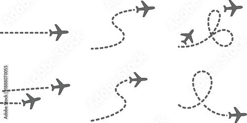 Vector set of airplane silhouettes in the sky to represent world travel, air transportation and airline flight icons for business design