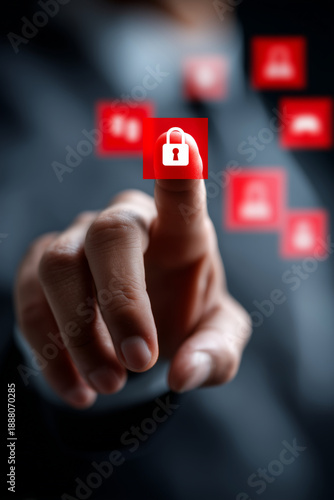 Cyberattack warning concept featuring a hand reaching toward digital red alert icons, symbolizing system hacks, data breaches, financial threats, and identity theft in a high-risk