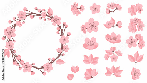 Cherry Blossom Wreath and Elements, Spring Floral Design, Pink Sakura Flowers
