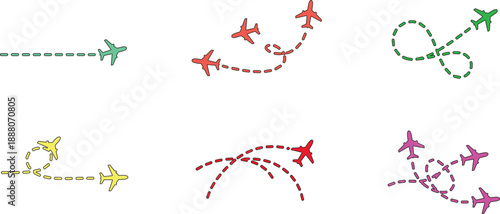 The pagrimage features six distinct line art illustrations of airplanes, each showcasing different flight path designs.