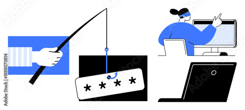 Cybersecurity, online safety, data protection, phishing scams, information security, digital awareness. Visual shows a phishing hook and a professional at a computer. Cybersecurity and online safety