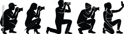 Photographer silhouettes taking pictures, people kneeling with cameras and smartphones, modern photography and selfie poses, creative media concept, black vector illustration