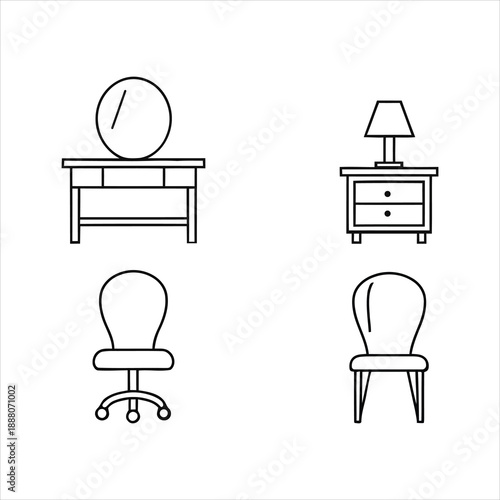 Simple line drawing depicting furniture a desk chairs and a nightstand