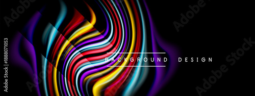 Abstract colorful lines create dynamic wave pattern. Black background emphasizes vibrant hues, modern design element.
