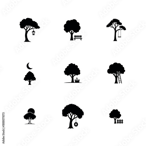 Tree Silhouette Vector Icon Set featuring Swings Lanterns and Park Benches