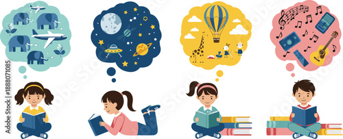 Children reading books illustration set showing imagination, learning dreams, creativity, education themes, and knowledge development in colorful flat vector style