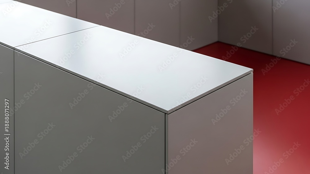 Fototapeta premium Gray cabinets with white countertop and red floor kitchen interior