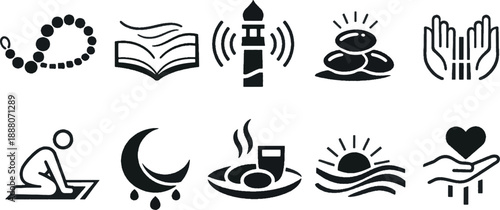 Islamic Ramadan Kareem and Eid Mubarak Flat Vector Icons Set - Religious Symbols and Culture Collection