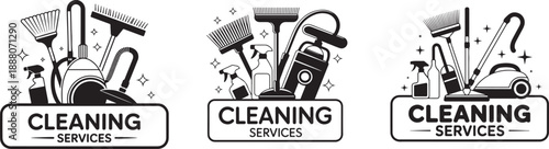 Cleaning services emblem set with cleaning tools and equipment for house or business