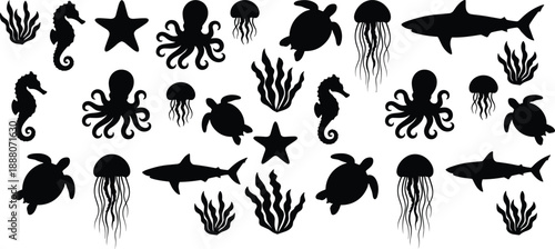 Ocean animal silhouettes pattern, marine life icons collection, shark turtle octopus jellyfish seahorse starfish elements, underwater nature theme, black vector illustration