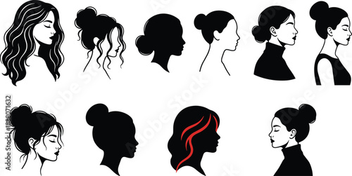 Female hairstyle silhouettes collection, women profile faces and head poses, elegant hair bun and waves styles, beauty fashion concept, black vector illustration