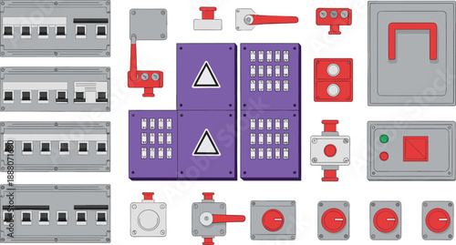 Industrial electrical control panel illustration set showing switches, buttons, circuit breakers, safety controls, and power management components in flat vector style