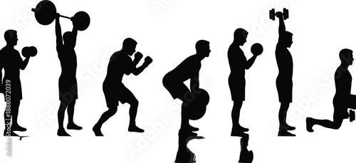 Collection of sea animal patterns, elegant woman fashion silhouettes in evening gowns, and gym fitness workout poses, minimalist black vector illustrations for diverse designs.