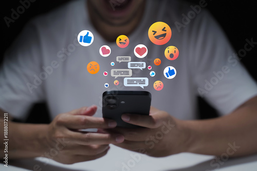 A man's hand is using a laptop or smartphone to chat on social media; communication concept, social networking, contact, online.