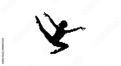 pixel art dancer silhouette performs dynamic leap minimalist black white graphic perfect for retro gaming branding design.