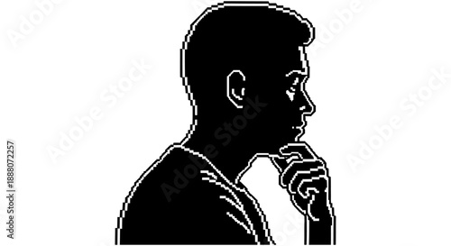 pixelated thinking man silhouette depicting digital contemplation concept and decision making process in retro video game style for creative design assets