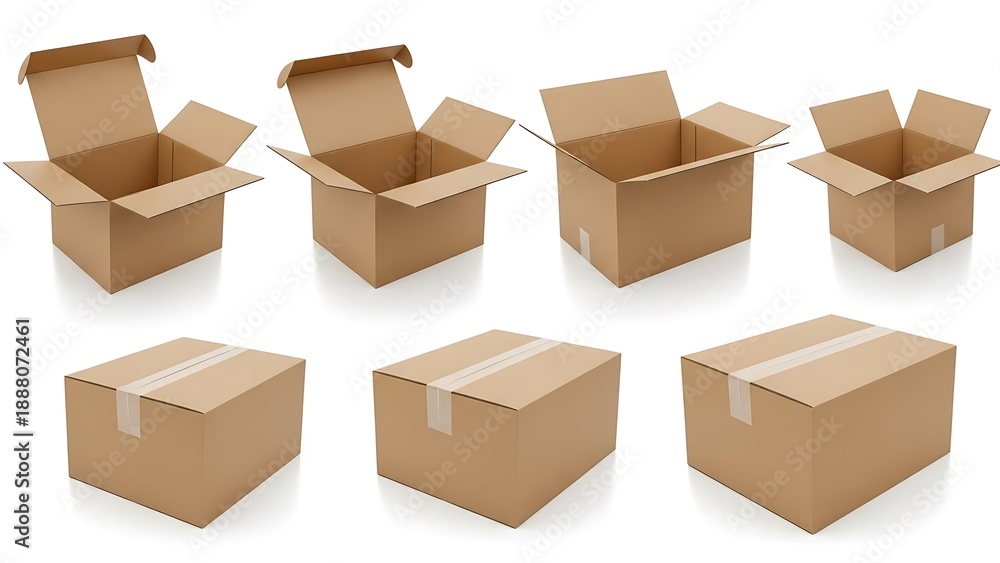 Fototapeta premium Brown cardboard boxes in various states open and closed packaging shipping