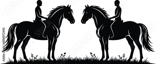 Silhouette of two horse riders facing each other in a field, equestrian sports, horseback riding, nature landscape, minimalist animal vector art, outdoor adventure