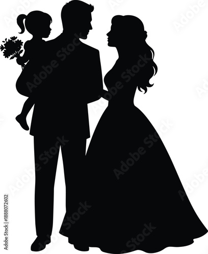 Black silhouette of a bride and groom standing together, husband carrying a flower girl daughter, wedding family vector illustration on white background.