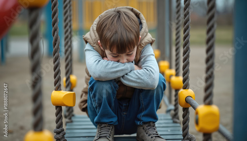 Sad boy sits alone on playground equipment, arms around his legs. He seems upset and withdrawn from other children playing nearby. This conveys feelings of isolation and sadness.