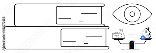 Knowledge symbols. Knowledge as books, balanced financial icons, and an eye insight. Knowledge drives decision-making, personal growth, and informed choices. Education, finance insight