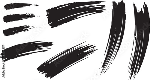 Brush set. Vector black paint brush spots, highlighter lines or felt-tip pen marker. Ink smudge abstract shape stains and smear set with texture