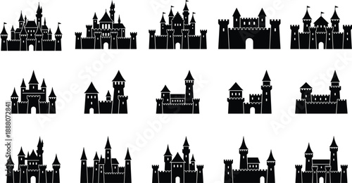 Medieval castle silhouette collection, royal fortress vector set, fairytale palace tower illustrations, ancient kingdom architecture design elements, fantasy stronghold isolated