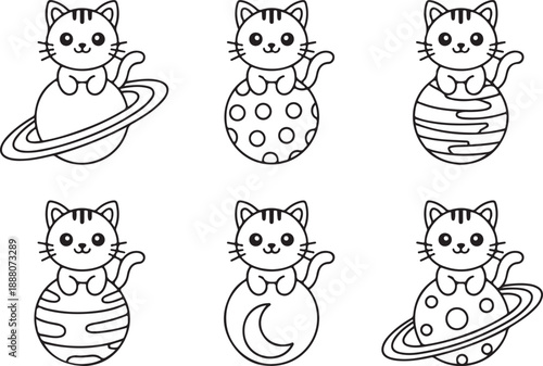 Cute cartoon cat sitting on planet saturn character adorable animal outline drawing for kids space concept