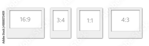 Realistic off-white empty instant photo frame set  with different sizes. Rectangular, square photo frame for portrait mockup, image album, camera, wedding, party, family. Vector illustration.