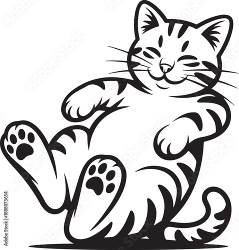 Happy belly up tabby cat lying on the floor with paws up relax is adorable pet