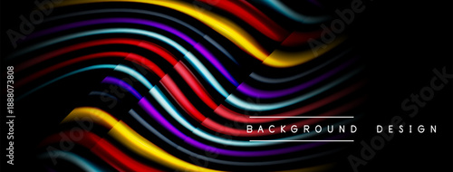 Abstract colorful waves over black background. Dynamic lines create modern visual effect. Bright hues suggest energy, movement.
