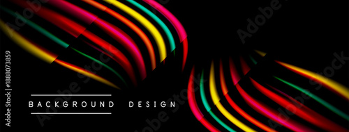 Abstract colorful layers create dynamic visual effect. Black background emphasizes vibrant curves, modern design element.