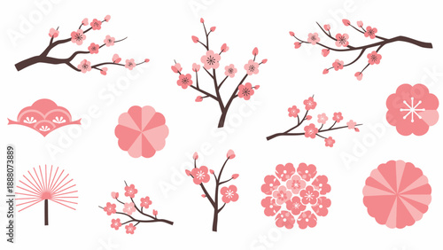 Pink Cherry Blossom Branches and Japanese Fan Ornaments