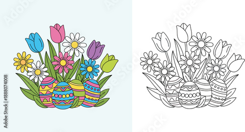 Easter eggs with spring flowers bouquet vector illustration. Colorful tulips and daisies with decorated eggs alongside black and white outline version for coloring book page or greeting card design.