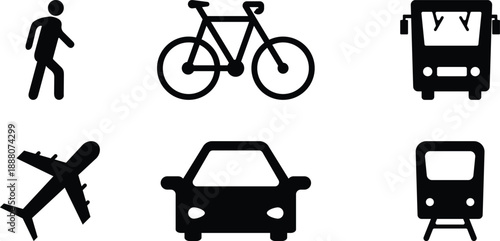 Set of Six Black Transportation Icons Including Walking Bicycle Bus Airplane Car and Train