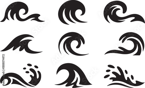 Set of ocean wave sea surge current flow ripple illustration line art icon